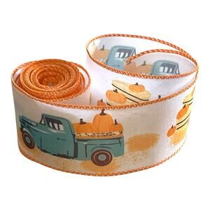 Fall Pumpkin Truck Ribbon 🎃 2.5” Wired Ribbon for Autumn Wreaths & Crafts